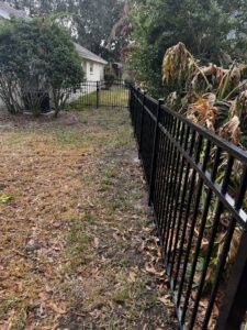 A black metal backyard fence with a small gate installed by Elite Fence and Outdoor of Tampa Bay in Tampa, FL.