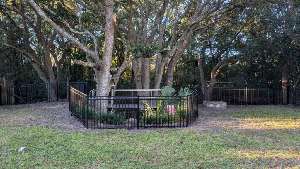 A sleek black metal fence enclosing a backyard with a fire pit, installed by Gifford Contracting & Repair in Goose Creek, SC.