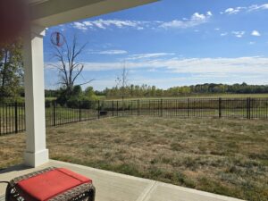 A black metal fence enclosing a residential backyard with a scenic view by Morton Fence Solutions LLC in Indianapolis, IN.