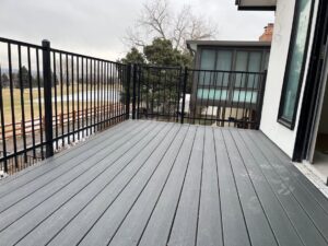 A black metal fence with a gate providing a secure perimeter and a scenic lake view by Supreme Fencing Denver, CO.