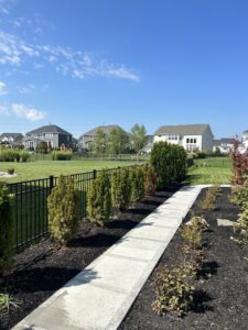 A sleek black metal fence bordering a landscaped sidewalk, installed by ReliableFencing in Columbus, OH.