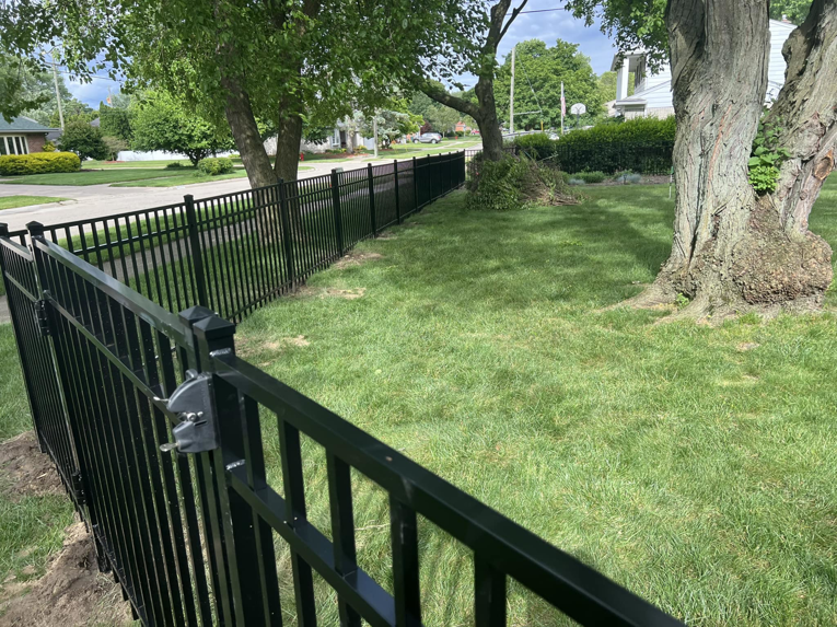A newly installed black metal fence securing a residential yard by All In One Fence in Whitehouse Station, NJ.