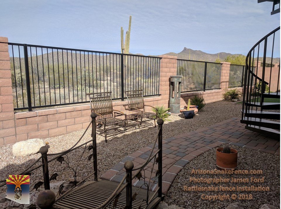 A black metal snake fence with a block wall base, providing protection for a backyard in Tucson, AZ by Arizona Snake Fence LLC