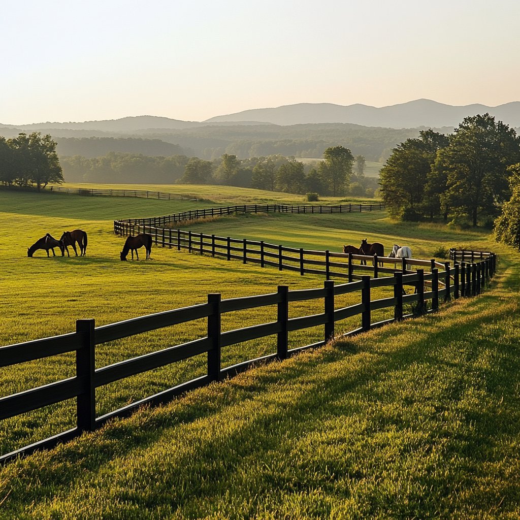A black multi-rail farm fence winding through a green pasture, installed by Roanoke Fence Company in Roanoke, VA.