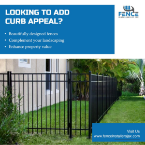 A black ornamental aluminum fence with a gate installed by Fence Installers of Jacksonville in Jacksonville, FL.