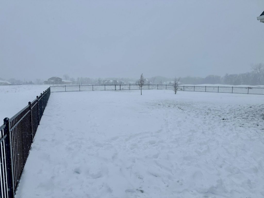 A black ornamental fence line curving through snowy terrain, installed by JD Fencing LLC in Boone, IA.