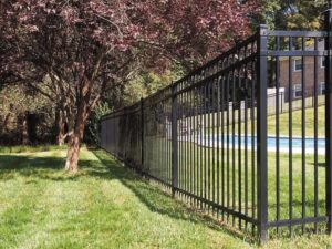 A black ornamental iron fence installed around a backyard pool by Crompton Fence Company in Charleston, SC.