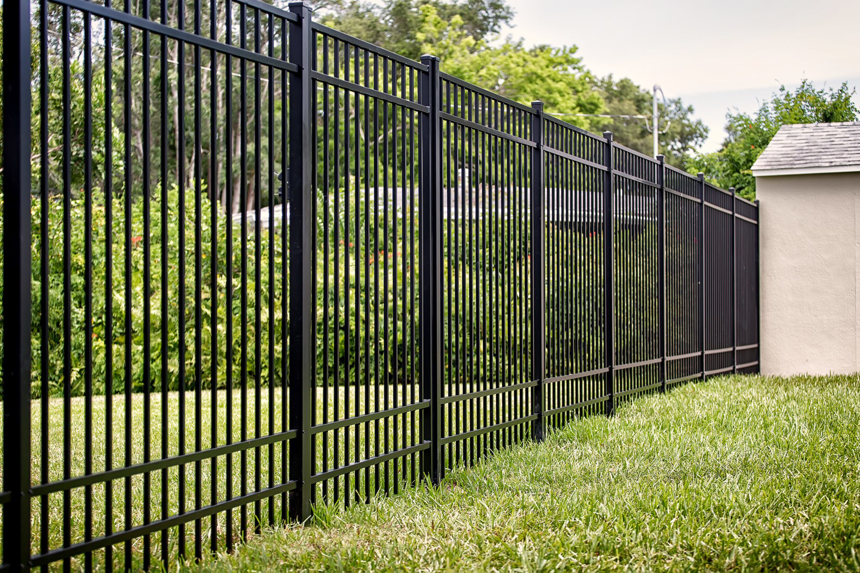 A black ornamental metal fence enclosing a backyard, installed by St. Charles Fence & Deck Company in Saint Peters, MO.