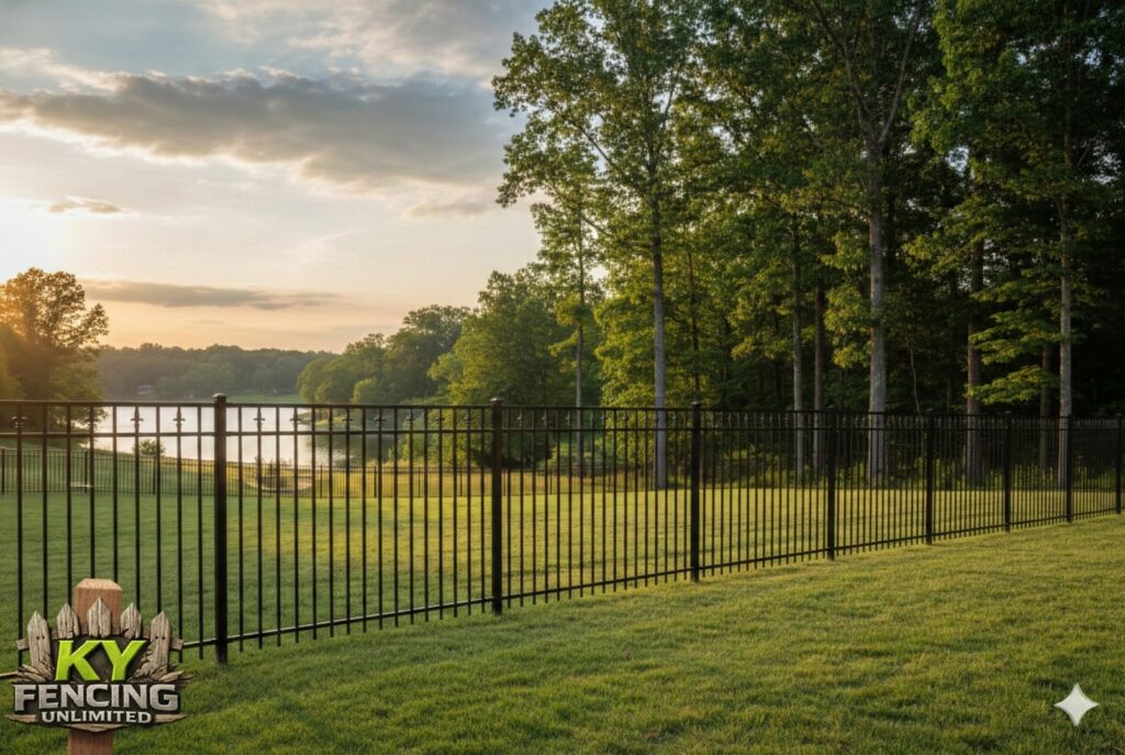 A black ornamental metal fence installed along a scenic lake at sunset by KY Fencing Unlimited in Louisville, KY.