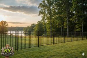 A black ornamental metal fence installed along a scenic lake at sunset by KY Fencing Unlimited in Louisville, KY.