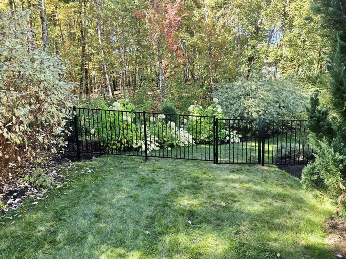 A black ornamental metal fence installed in a lush garden setting, enhancing aesthetics by Dirigo Fence Company in Augusta, ME.