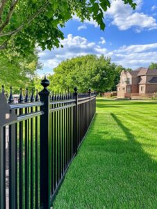 A black ornamental metal fence installed by Lawrence Fence Company in Lawrence, KS.
