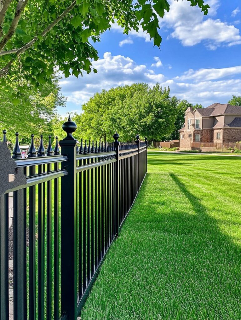 An elegant black ornamental metal fence installed by Lawrence Fence Company in Lawrence, KS.