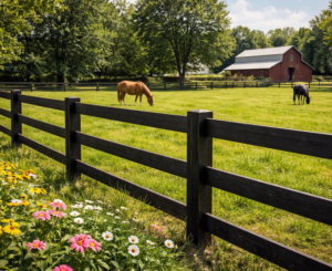 A black wooden farm fence enclosing a green pasture with horses and a barn, installed by Boundary Line- Fencing Solutions in Long Lake, MN.