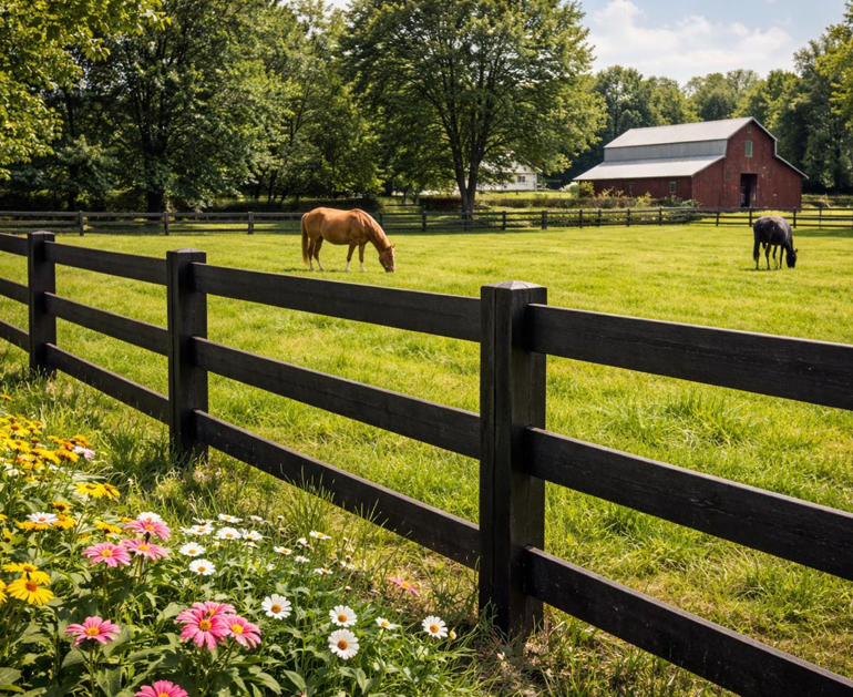 A black wooden farm fence enclosing a green pasture with horses and a barn, installed by Boundary Line- Fencing Solutions in Long Lake, MN.
