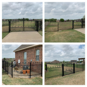 Newly installed black wrought iron fence with decorative gates by Hill's Outdoor Solutions, a Fencing Contractor in Fort Worth, TX.