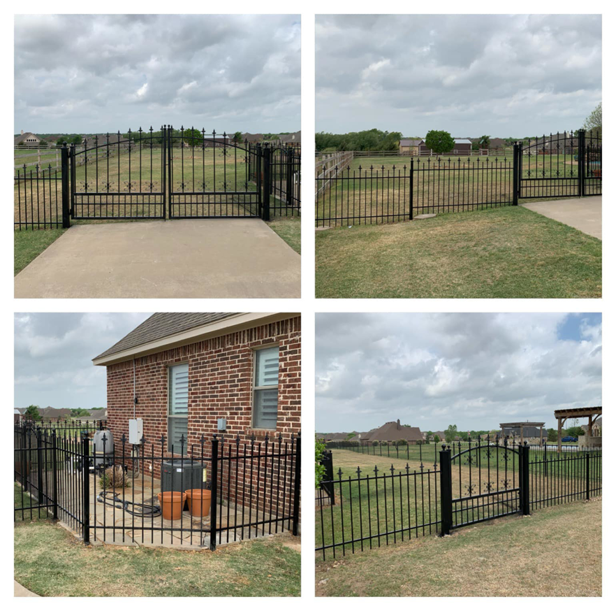 Newly installed black wrought iron fence with decorative gates by Hill's Outdoor Solutions, a Fencing Contractor in Fort Worth, TX.