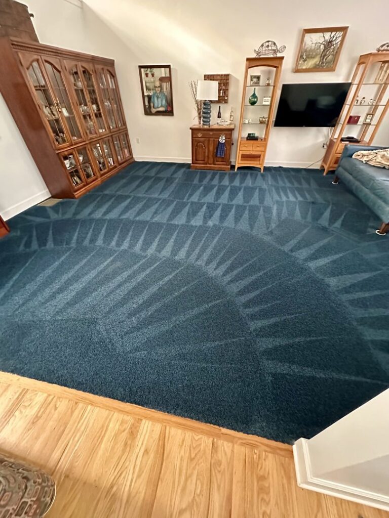 A vibrant blue carpet showing professional cleaning results by LHB Clean Team in a Harrisburg, PA home.