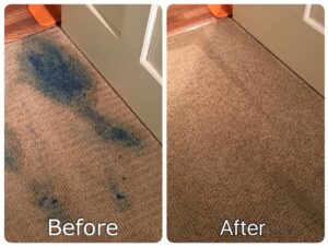 Before and after comparison of a blue carpet stain successfully removed by Mountainview Chem-Dry in Birmingham, AL.