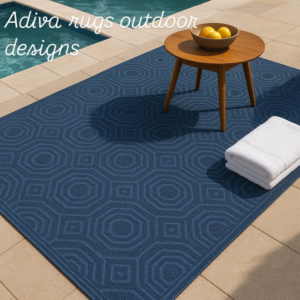 A stylish blue geometric outdoor rug placed next to a swimming pool, featuring designs from Adiva Rugs in Chicago, IL.