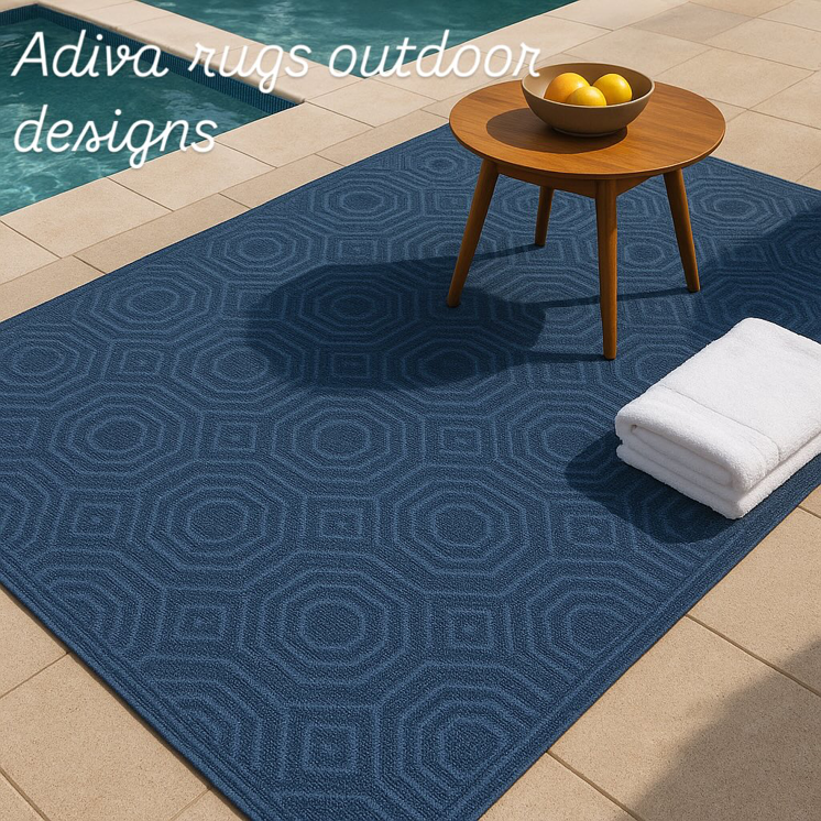 A stylish blue geometric outdoor rug placed next to a swimming pool, featuring designs from Adiva Rugs in Chicago, IL.