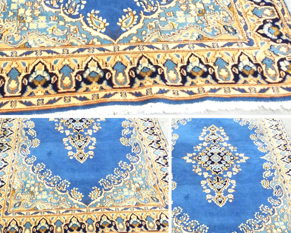 A detailed view of a blue oriental rug with intricate patterns and fringe, showcasing the expertise of N J Green Rug Cleaning in Jersey City, NJ.