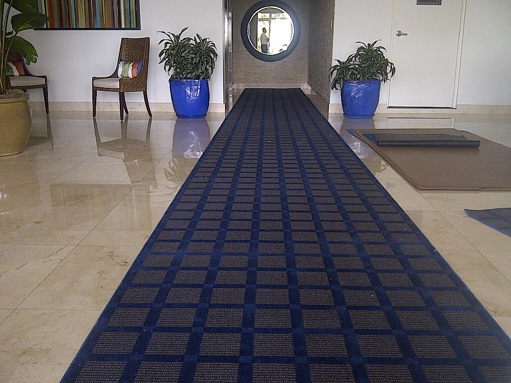 A long blue patterned carpet runner installed in a hallway by Palmetto Carpet Company in Miami, FL.