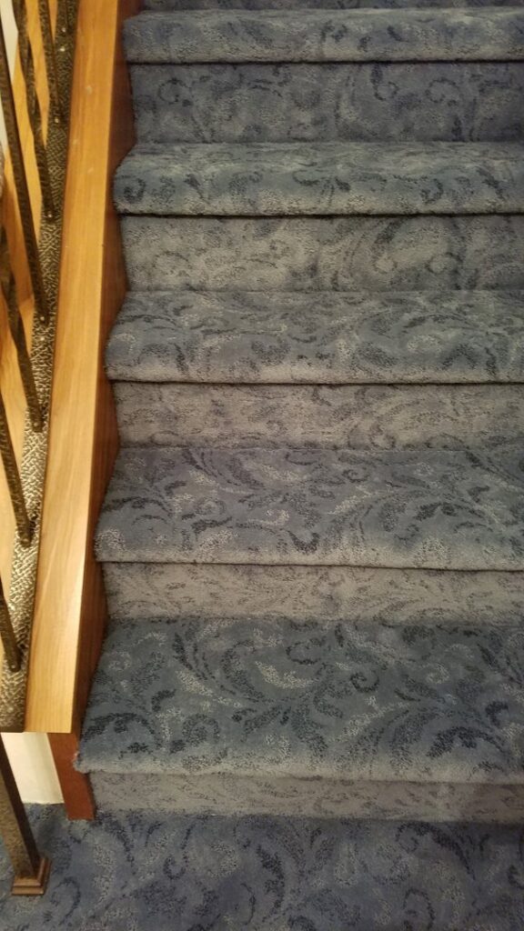 Newly installed blue patterned carpet on stairs by Floor Designs Unlimited, LLC in Pittsburgh, PA