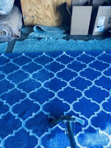 A blue patterned rug being professionally cleaned by TLC Carpet Cleaning, Inc. in Lewisville, TX.