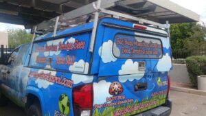 Rear view of a blue Lady Bug ECO FRIENDLY Pest Control truck advertising services in Mesa, AZ.