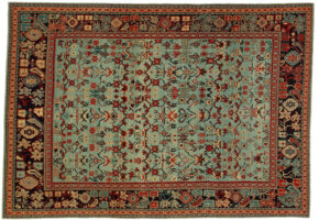 A stunning blue and red patterned carpet, showcasing the diverse offerings from Woven Legends in Philadelphia, PA.
