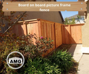 A newly installed board on board picture frame style wood fence with a gate by AMG Fencing in Sacramento, CA