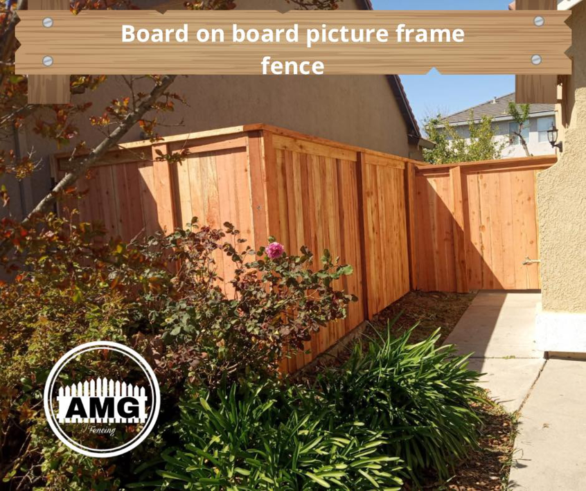 A newly installed board on board picture frame style wood fence with a gate by AMG Fencing in Sacramento, CA