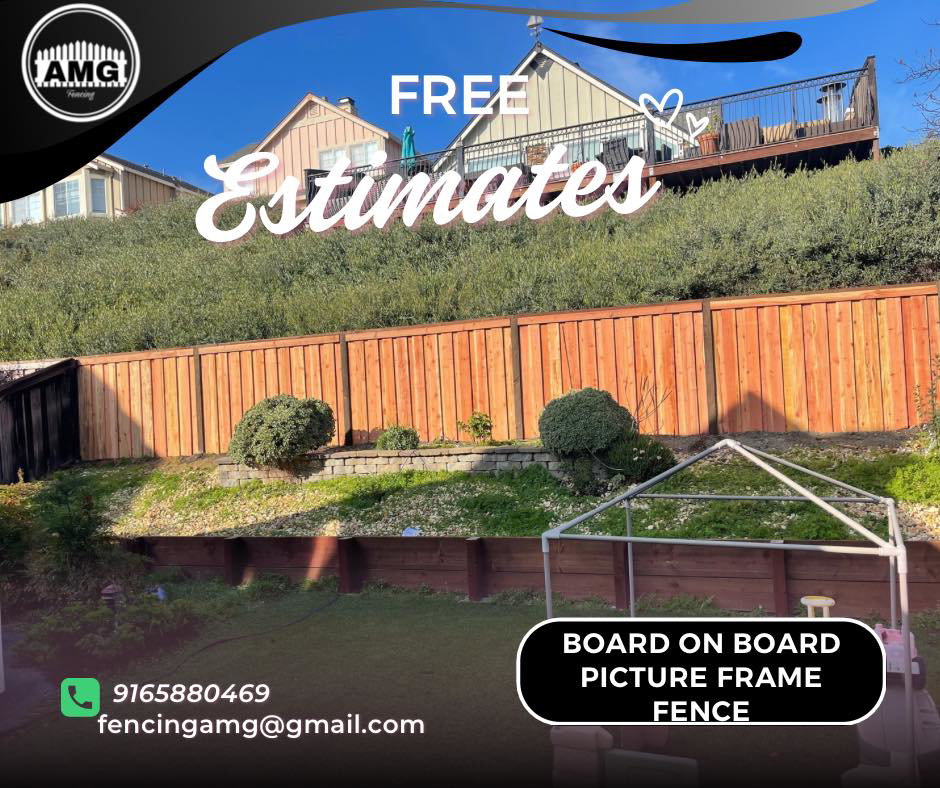 A newly installed board on board picture frame wood fence on a sloped backyard by AMG Fencing in Sacramento, CA