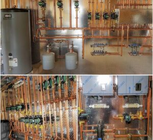 A complex hydronic heating system installation with an IBC boiler and copper piping by ProMasters HVAC Mechanical in New York, NY
