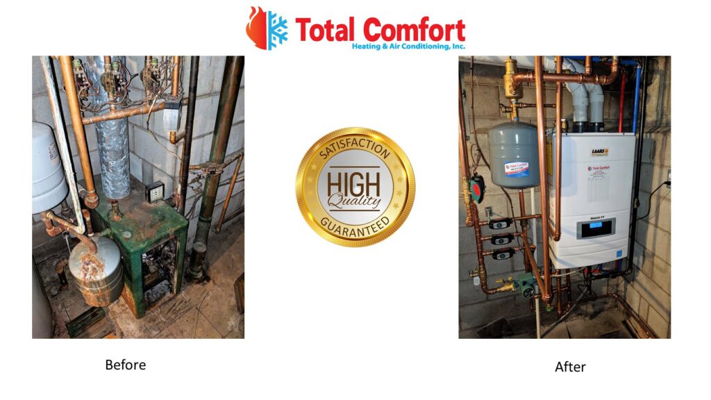 Before and after photos of a boiler replacement by Total Comfort Heat and Air Conditioning, Inc. in Rochester, NY.