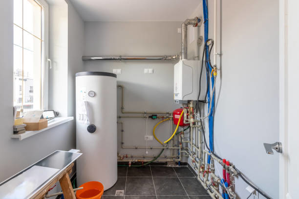 A modern boiler room with a water heater and heating system installation by Terry Allen Plumbing & Heating in Flint, MI.