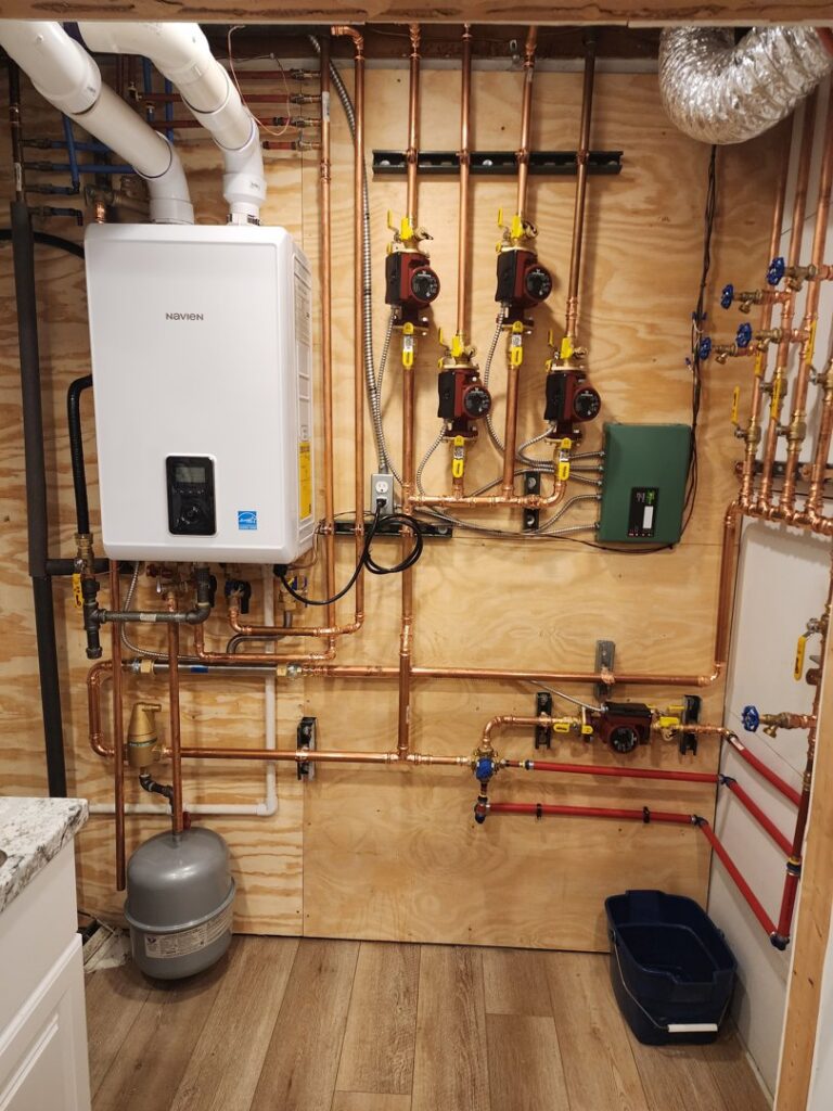 A comprehensive boiler and hot water system installation featuring a Navien unit by TruTemp Heating & Cooling LLC in Ijamsville, MD.