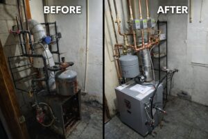 Before and after of a boiler system replacement by Breyer's Heating & Air Conditioning in Belleville, MI