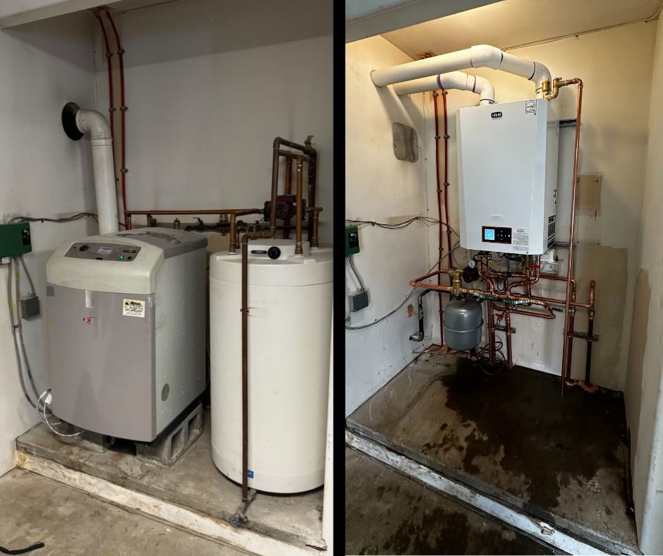 Before and after comparison of a boiler and water heater installation by HeatSource Mechanical in Wasilla, AK.