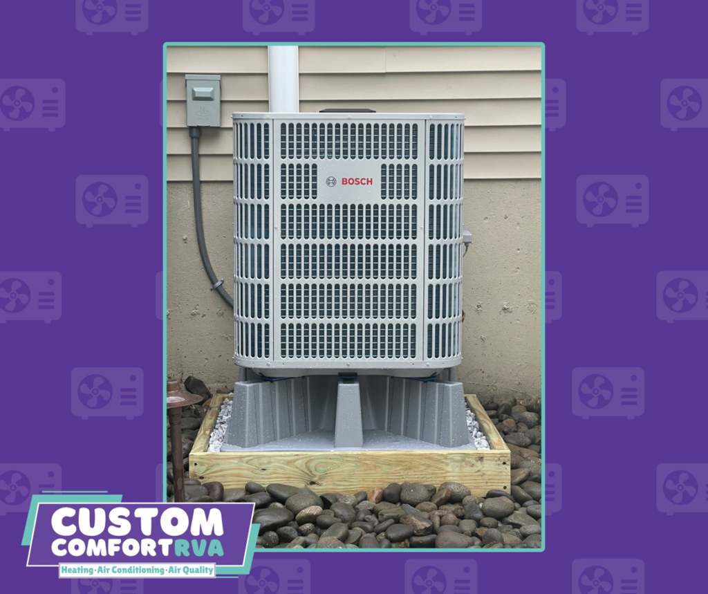 A new Bosch HVAC condenser unit professionally installed outside a home by Custom Comfort RVA in Richmond, VA.