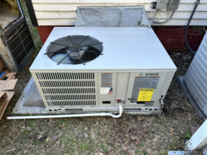 An outdoor Bosch air conditioning unit recently installed by EndorFin Service's Inc. Heating & Air Conditioning in Gloucester, VA.