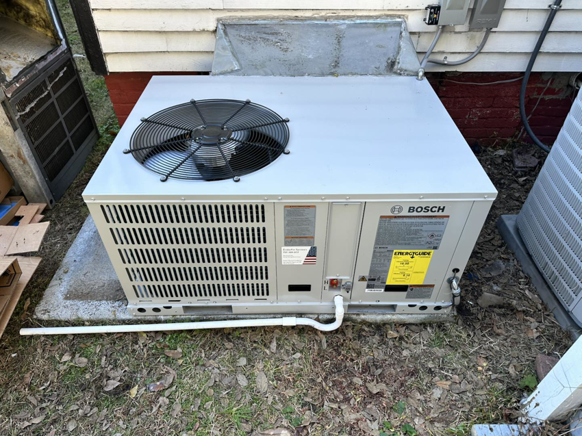 An outdoor Bosch air conditioning unit recently installed by EndorFin Service's Inc. Heating & Air Conditioning in Gloucester, VA.