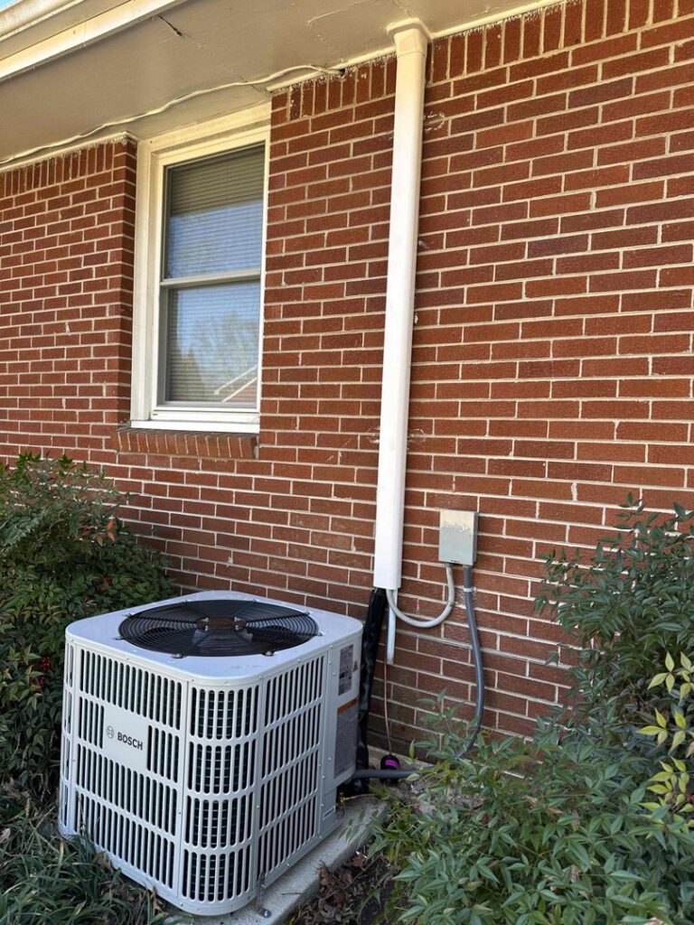 A Bosch outdoor air conditioning unit installed by Miller's Home Comfort-Chesapeake in Chesapeake, VA.