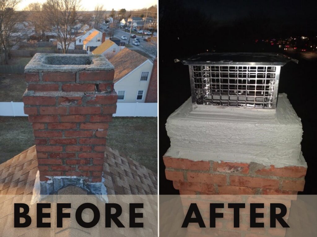 Before and after view of a brick chimney with a new concrete crown and cap installed by Elite Home Solutions in Warwick, RI.