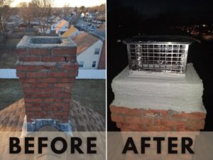 Before and after view of a brick chimney with a new concrete crown and cap installed by Elite Home Solutions in Warwick, RI.