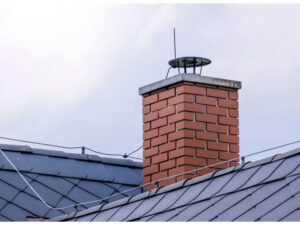 A brick chimney with a protective cap on a roof, serviced by Delta Clean Air in Boston, MA