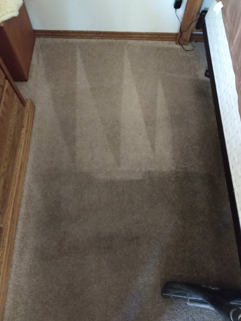 Brown carpet being cleaned, showing distinct cleaning lines and a tool, by Carpet Masters of Albuquerque, NM.