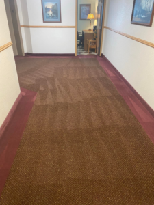 A freshly cleaned brown carpet in a commercial hallway, showcasing professional results by Agwa's carpet core in Minneapolis, MN.