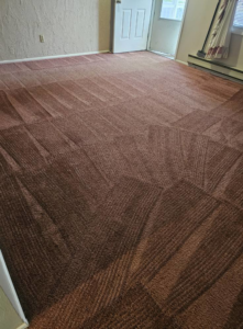 A room with a clean brown carpet displaying professional cleaning patterns from Super Clean Carpet Cleaning in Idaho Falls, ID.